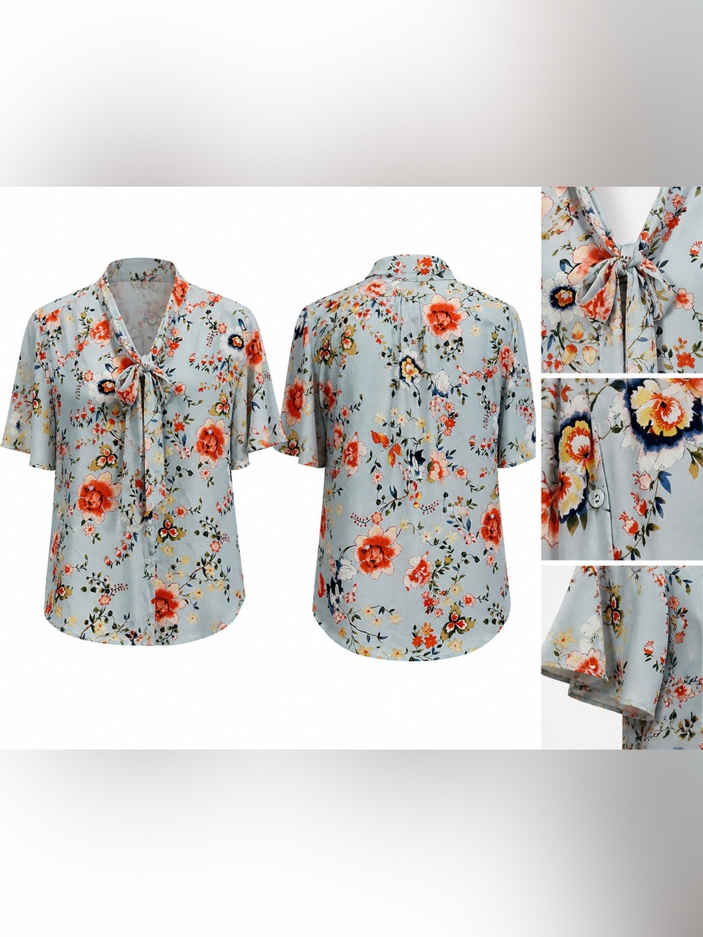 Rachel Zoe Floral Tie-Neck Short Sleeve Button-Down Blouse Size M